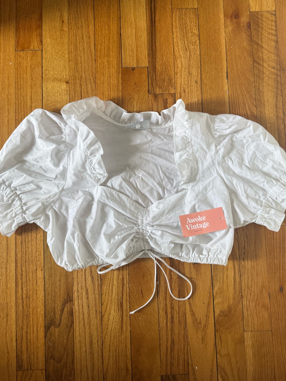 Vintage White Puff Sleeve Crop Top with Drawstring